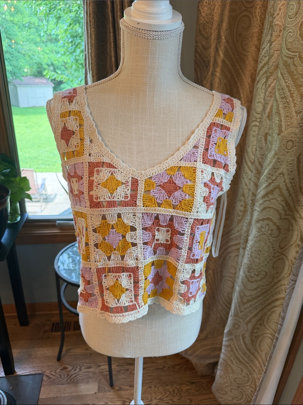 Rebellion Crochet Square Patchwork Tank Top - White with Pink & Mustard Accents
